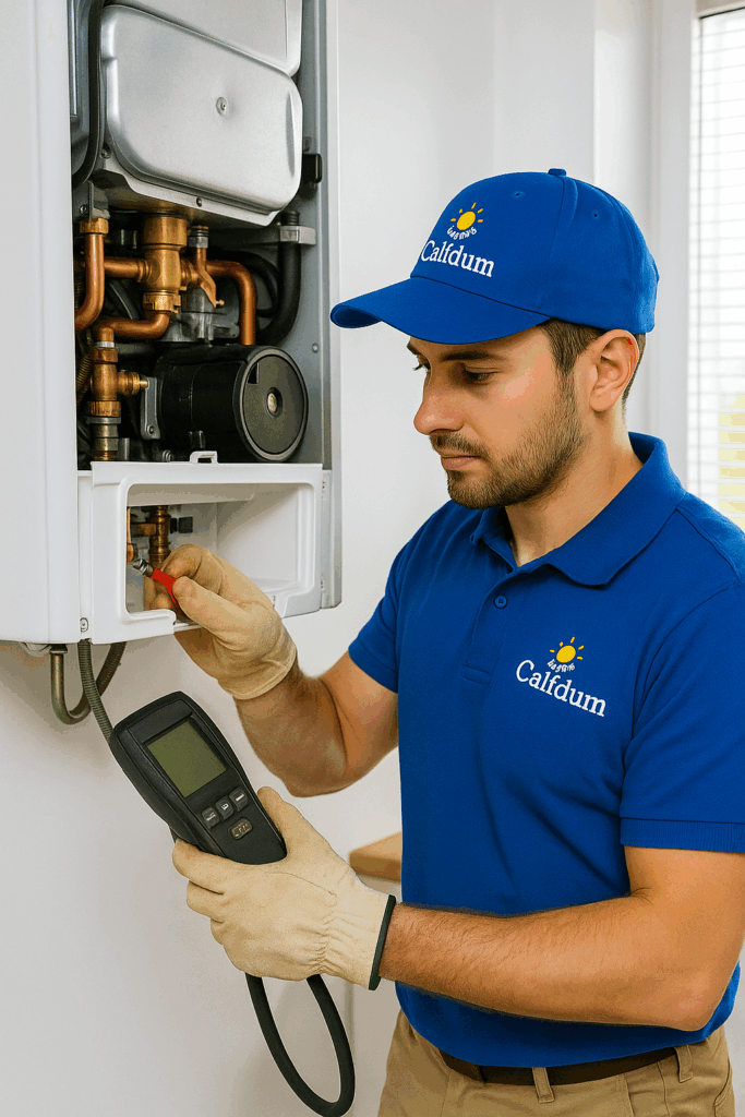 Tecnico Calidum esegue prova fumi e manutenzione caldaia con analizzatore di combustione
