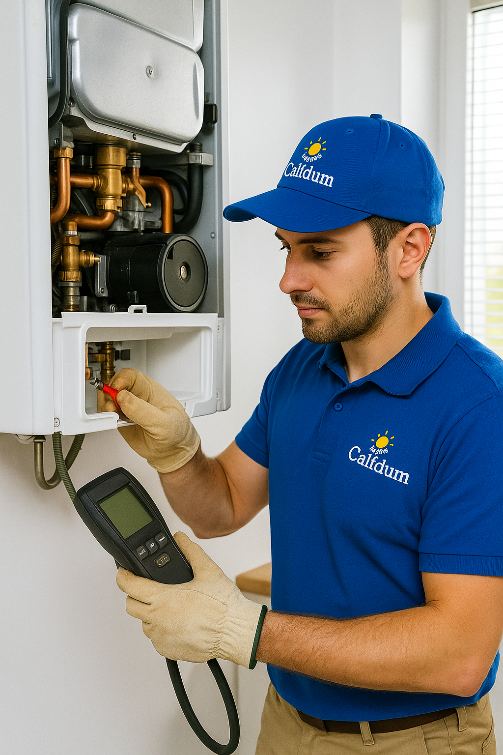 Tecnico Calidum esegue prova fumi e manutenzione caldaia con analizzatore di combustione